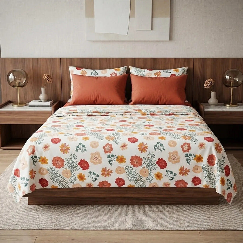 Juego De Sabanas Matrimonial 6pz Tacto Algodón Ultra Suave Multicolor Terracota Flores