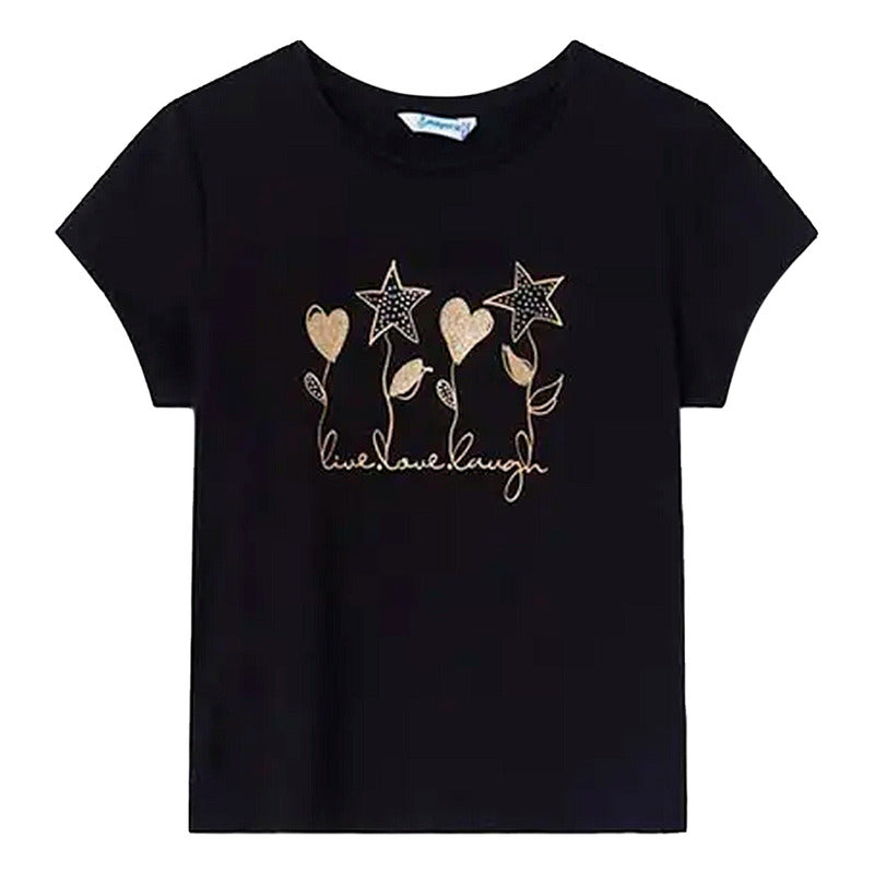 Playera Casual Para Niña Mod.854 Marca Mayoral® Negro Flores 16 Estampa Localizada