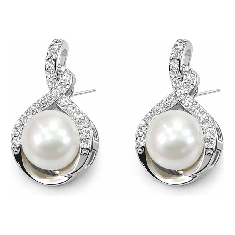 Set Joyería Elegante Collar Y Aretes Entrelazado Con Perla Plateado