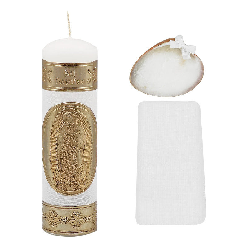 Set Para Bautizo Vela+concha+toalla+caja De Madera