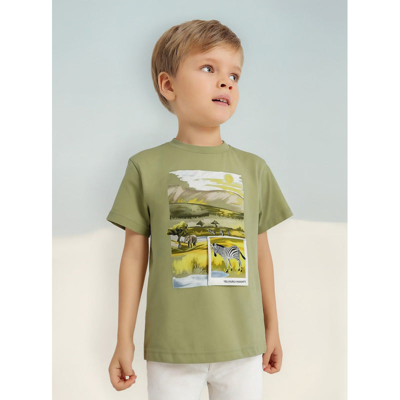 Playera Casual Comoda Para Niño Marca Mayoral® Verde Claro Safari 5 Estampa Localizada