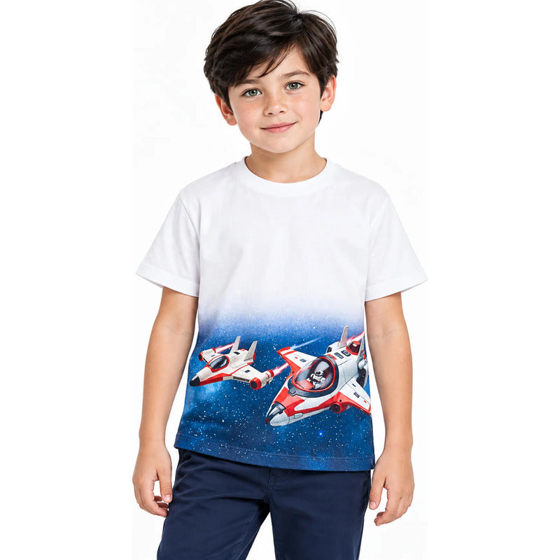 Playera Casual De Niño Mod.3071 Marca Mayoral® Blanco Naves 7 Años Lisa