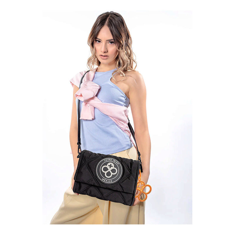 Bolsa Flap Para Mujer Mod. Ji 2694 Marca Jaime Ibiza® Negro Rayas Níquel