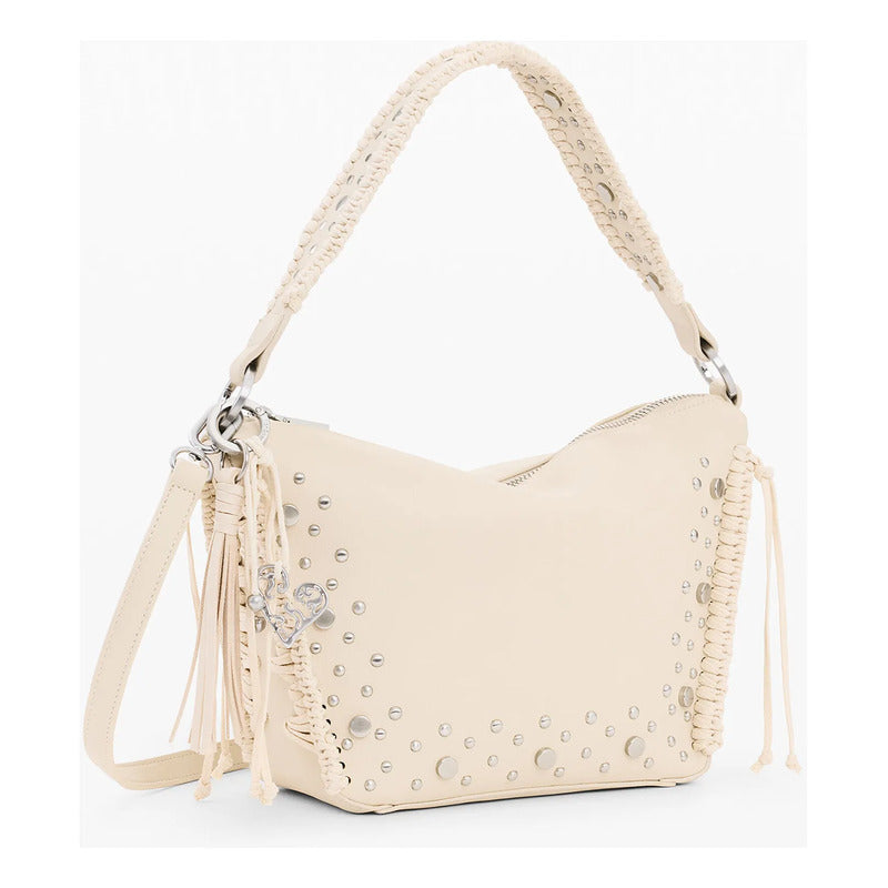 Bolso Mediano Con Tachuelas Y Flecos 26saxpar/1008 Desigual® Beige Lisa Níquel