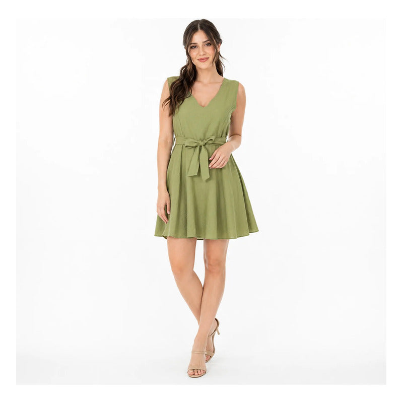 Vestido Con Cinto Para Mujer Mod. Barak Marca Sterling® Musgo Lisa Eg