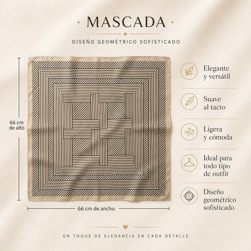 Mascada Ejecutiva De Satín Cuadrada Fina Para Mujer Multicolor Geométrico Beige Unitalla