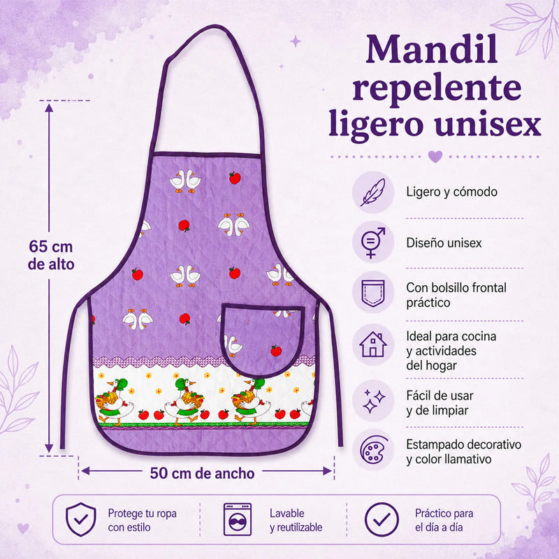 Mandil Delantal Ajustable Multiusos Repelente 65x50cm Lila Patos