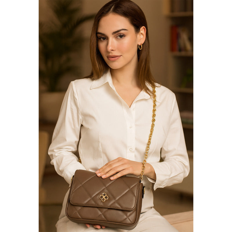 Bolso Crossbody Tacto Piel Mod.ji2526 Marca Jaime Ibiza® Chocolate Lisa Oro