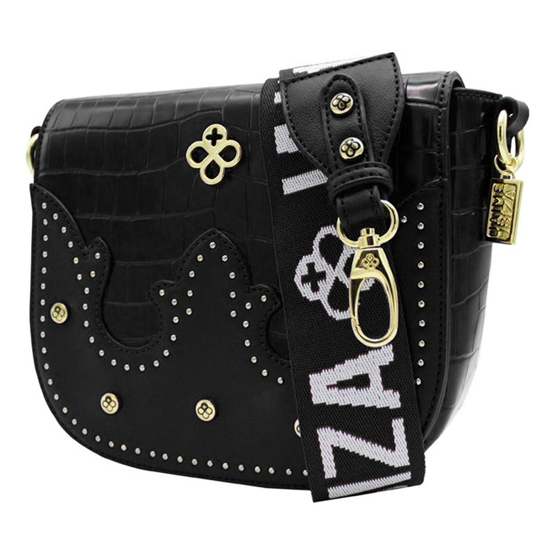 Bolso Crossbody Para Mujer Mod. Ji2226 Marca Jaime Ibiza® Negro Craquelado Dorado