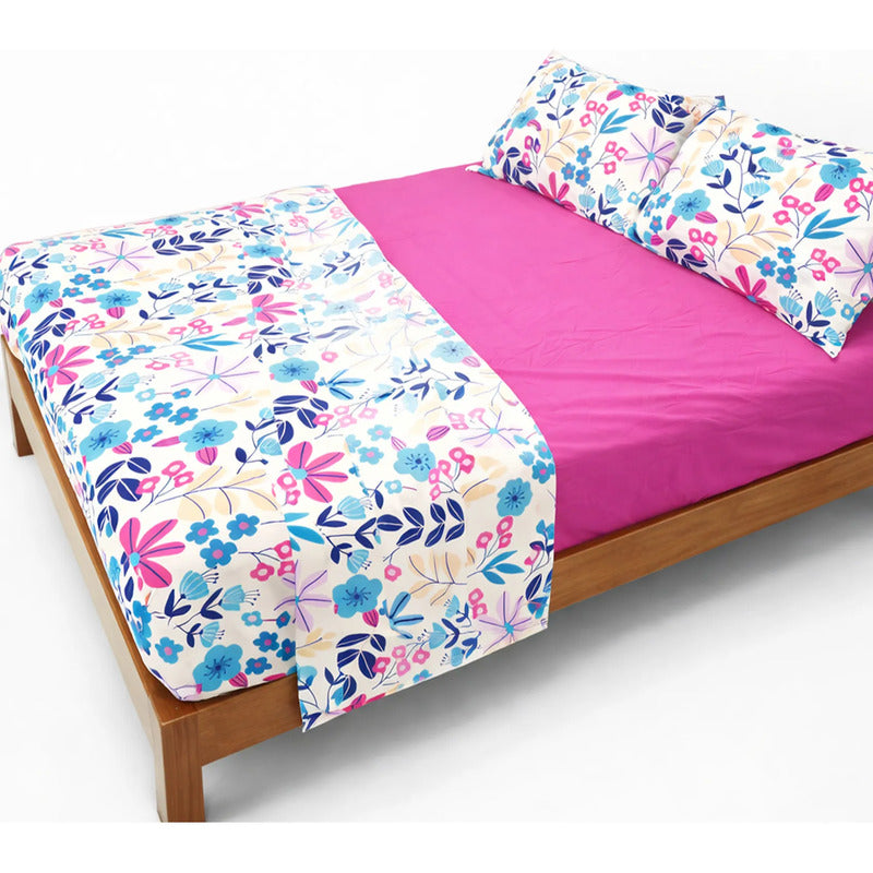 Juego De Sabanas Matrimonial 6pz Tacto Algodón Ultra Suave Multicolor Fucsia Floreado