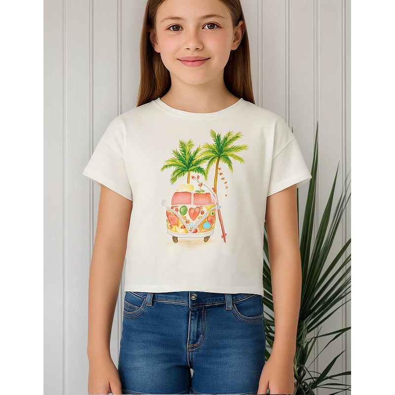 Playera Casual Para Niña Mod.6057 Marca Mayoral® Blanco Palmas 18 Estampa Localizada