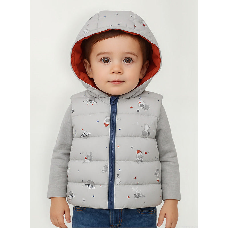 Chaleco Reversible Con Gorro Para Bebé M.2323 Marca Mayoral® Azul Claro Gatito Astronauta 9 Meses