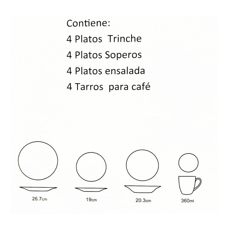 Vajilla De Porcelana 16 Piezas Diseño Clásico 4 Personas Blanco