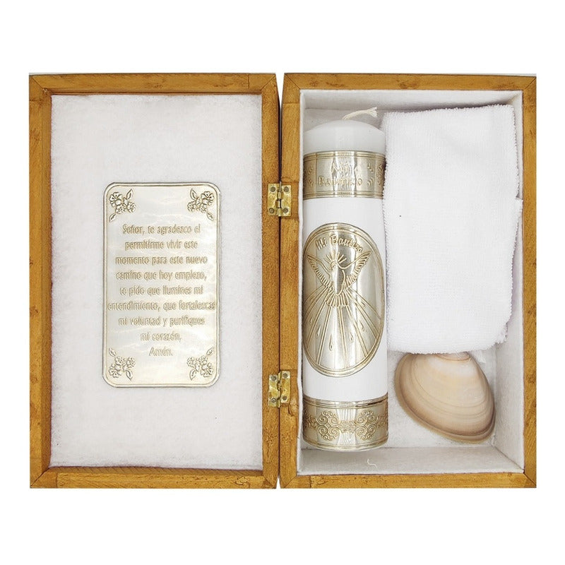 Set Para Bautizo Vela+concha+toalla+caja De Madera