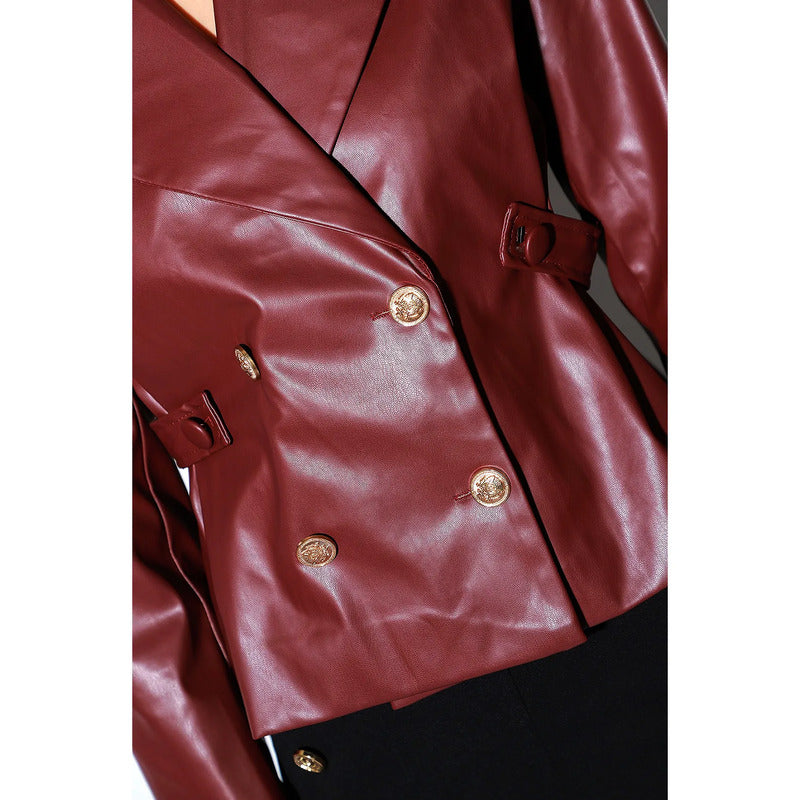Blazer Versátil Para Dama Cruzado Tipo Piel Marca Lob® Vino Liso M