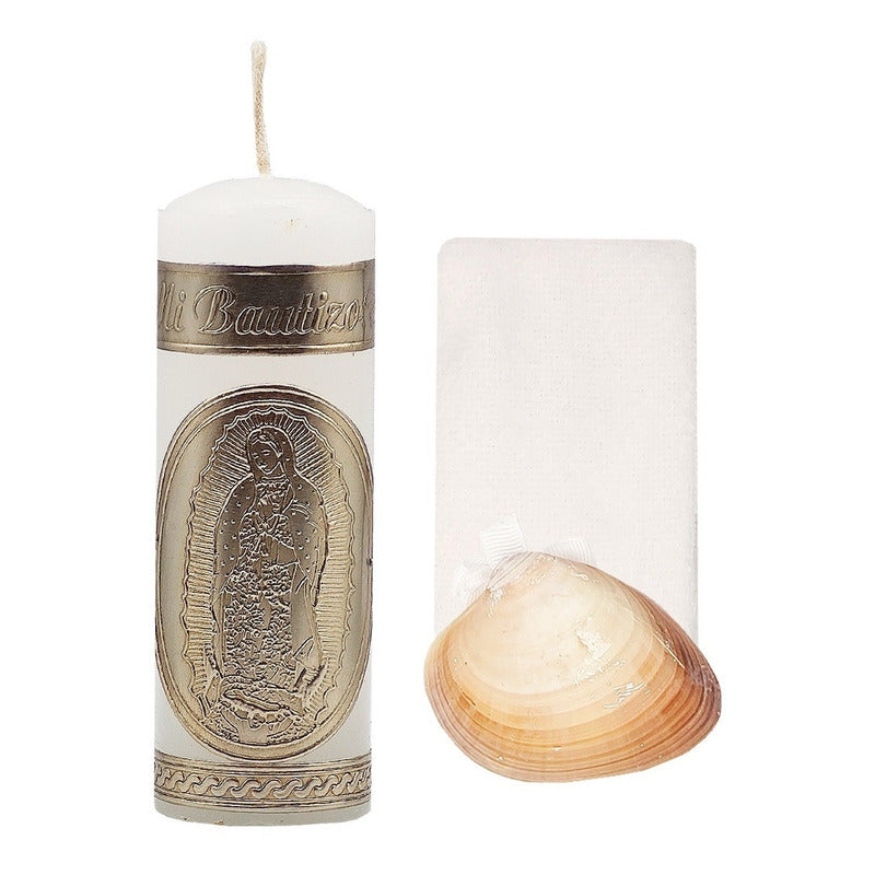 Set Para Bautizo Vela+concha+toalla+caja De Madera