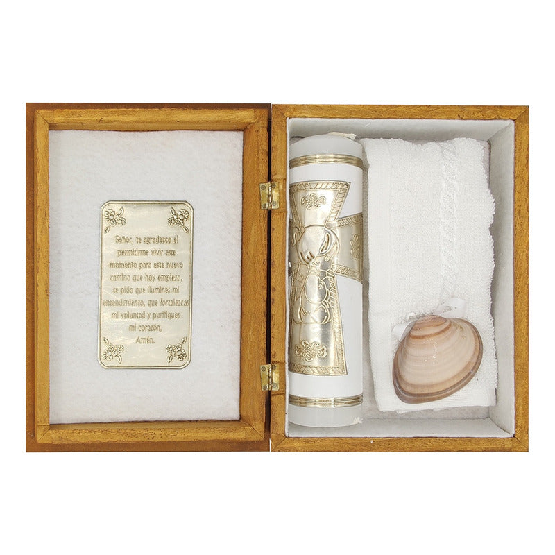 Set Para Bautizo Vela+concha+toalla+caja De Madera