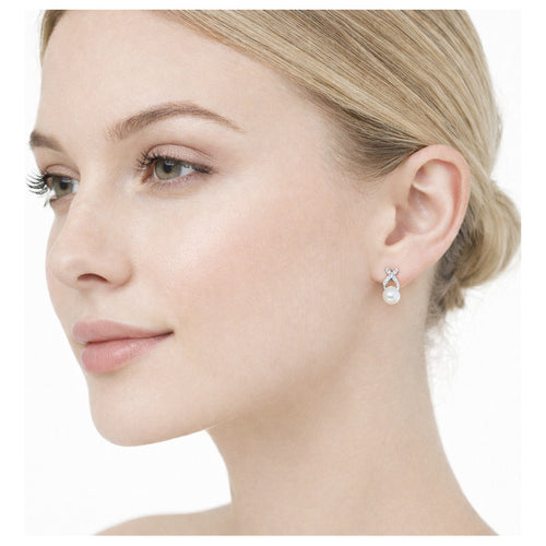 Aretes Elegantes Perla Cruzada Para Mujer Bisutería Fina Crema