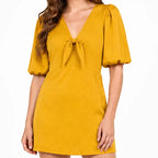 Vestido Para Mujer Mangas Cortas Abullonadas Mod.56734 Stop® Mostaza Lisa M