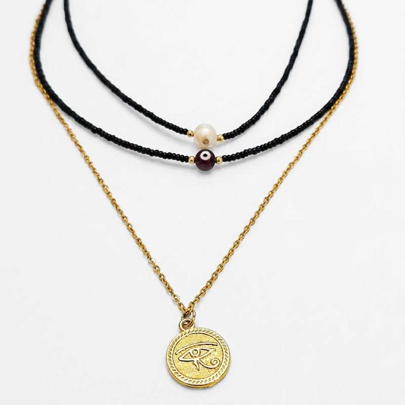 Collar Triple Dije Moneda Ojo De Horus Y Perla Para Mujer Multicolor