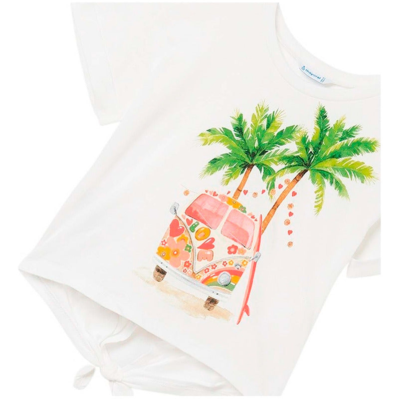 Playera Casual Para Niña Mod.6057 Marca Mayoral® Blanco Palmas 16 Estampa Localizada