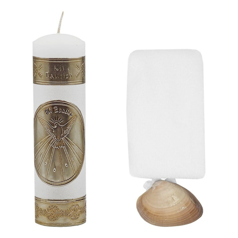 Set Para Bautizo Vela+concha+toalla+caja De Madera