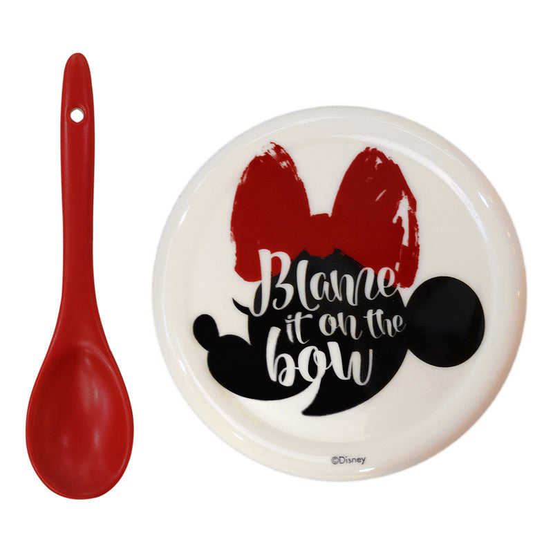 Taza Sopera Con Tapa/cuchara De Porcelana 580ml Crema Minnie 1754-66