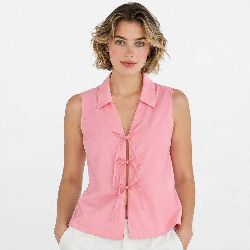 Blusa Cuello Camisero Lazos Frontales 2425 London Fashion® Rosa Lisa G