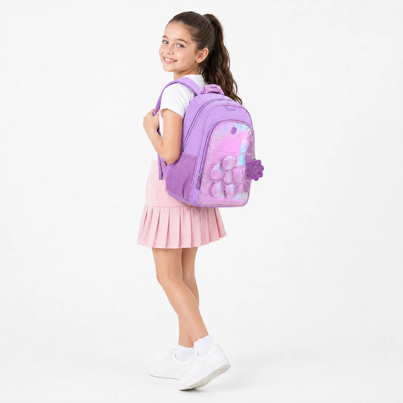 Mochila Con Flor 3d Happy Girl Mod. Hg70328 Marca Chenson® Lila Floreado