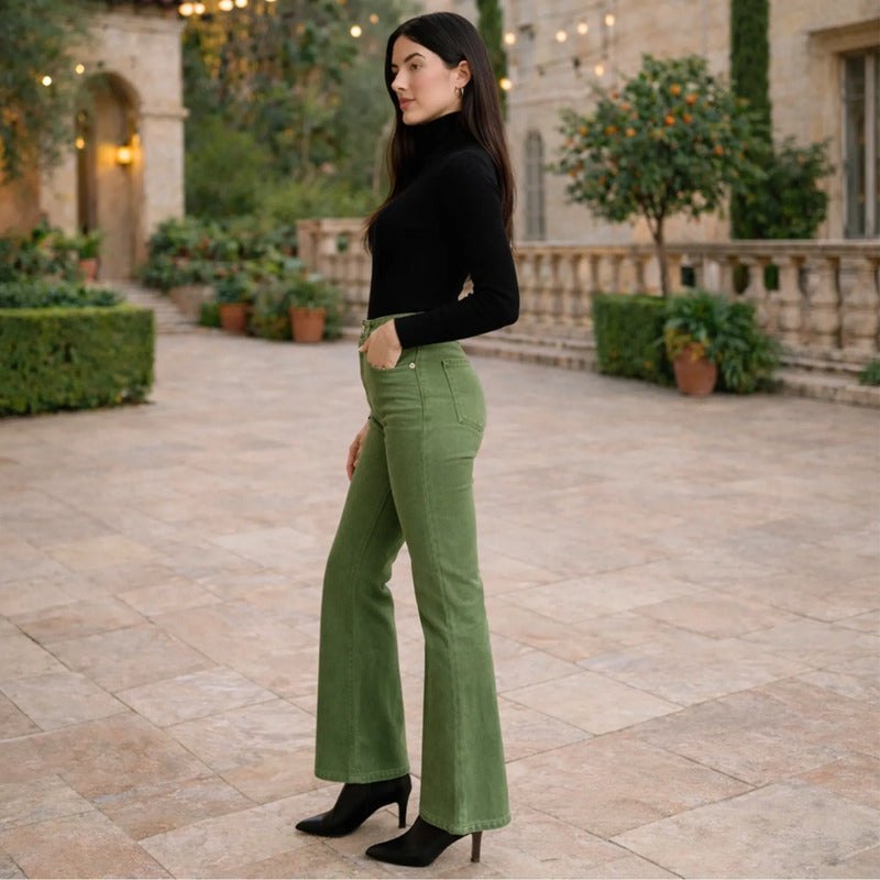 Jeans Gabardina Acampando Para Mujer M.v53103 Marca Bobois® Verde Musgo Liso M