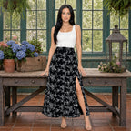 Falda Larga Con Abertura Frontal Mod.28177 Marca Stop® Negro Floreado G