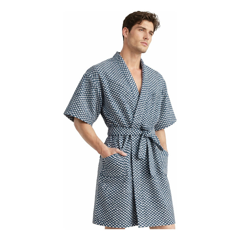 Bata Domino Suave Para Descanso / Baño Con Bolsillos Unisex Azul Dominó Unica