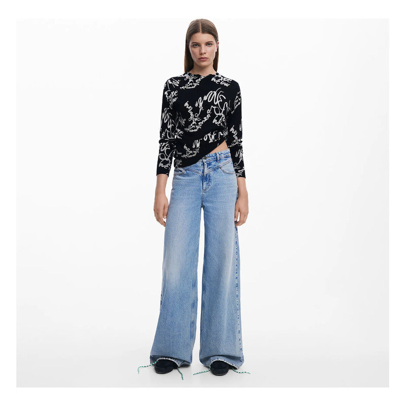 Suéter Ligero Para Mujer 25swjf04/2000 Marca Desigual® Negro Letras Xxl