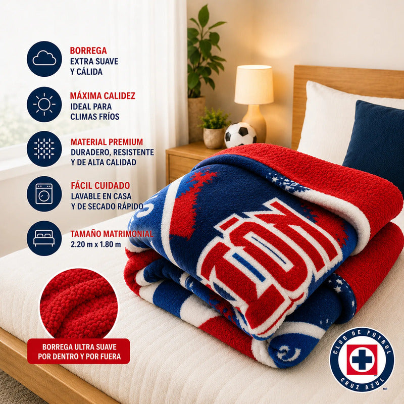 Cobertor Edredón De Borrega Matrimonial Providencia® Futbol Cruz Azul 1 Kg Multicolor