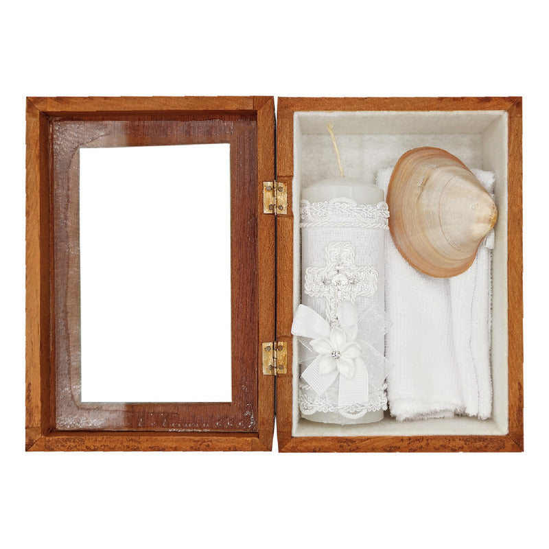 Set Para Bautizo Vela+concha+toalla+caja De Madera