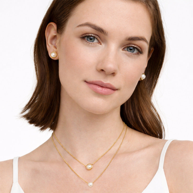 Set Joyería Elegante Para Mujer Collar Y Aretes Perlas Dorado