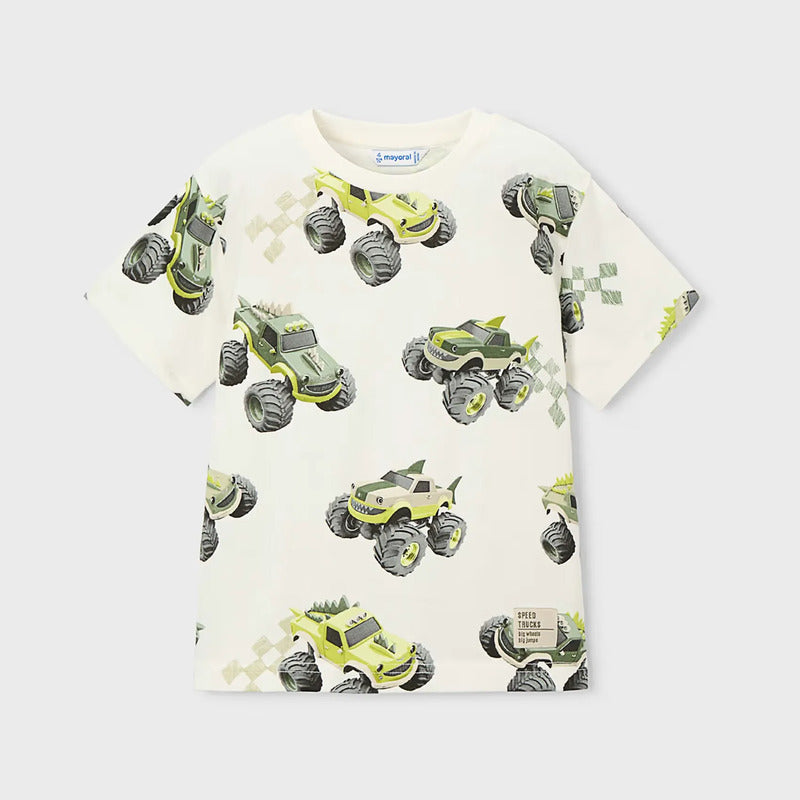 Playera Casual Para Niño Mod.3068 Marca Mayoral® Blanco Monster Truck 9 Años Lisa