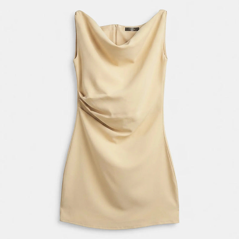 Vestido Cuello Drapeado Y Fruncido Lateral X1133 Julys® Beige Lisa G