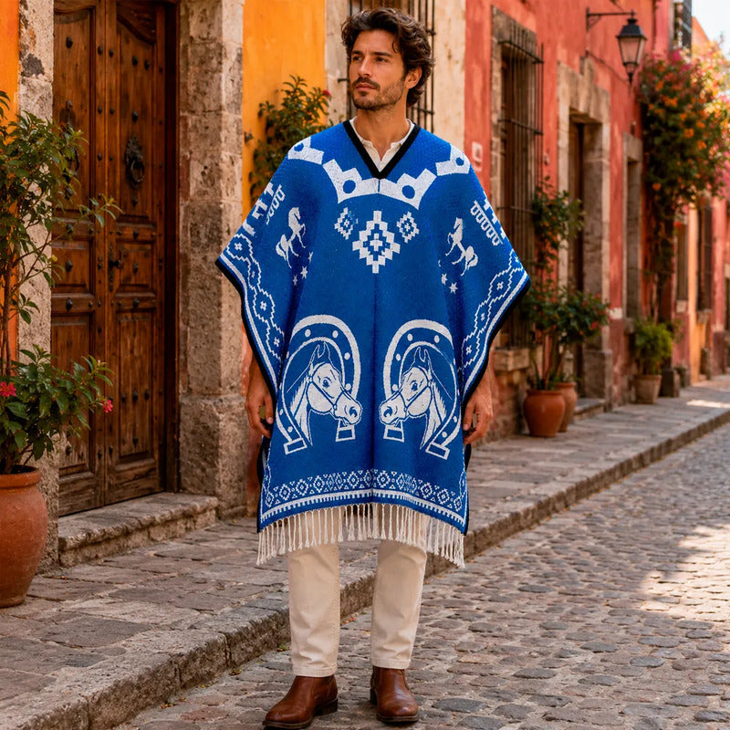 Jorongo Gaban Artesanal Mexicano Colores Azul Herraduras Azul Xg