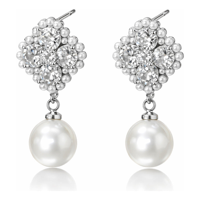 Aretes Elegantes Para Mujer Bisutería Fina Flor Con Perla Plateado