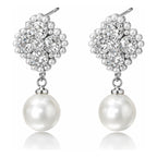Aretes Elegantes Para Mujer Bisutería Fina Flor Con Perla Plateado