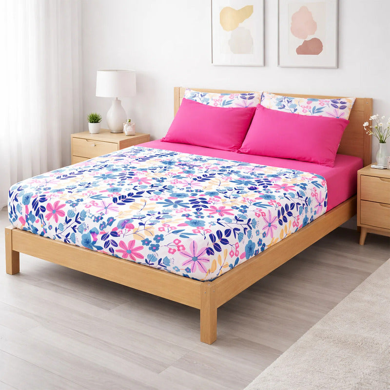 Juego De Sabanas Matrimonial 6pz Tacto Algodón Ultra Suave Multicolor Fucsia Floreado