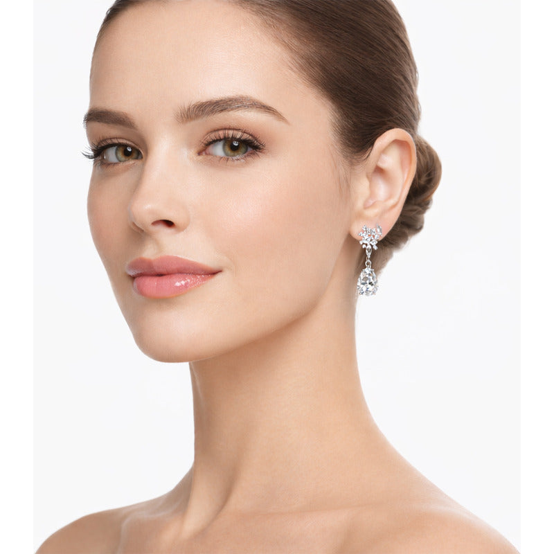 Aretes Elegantes Mujer Bisutería Fina Zirconias Corte Pera Plateado