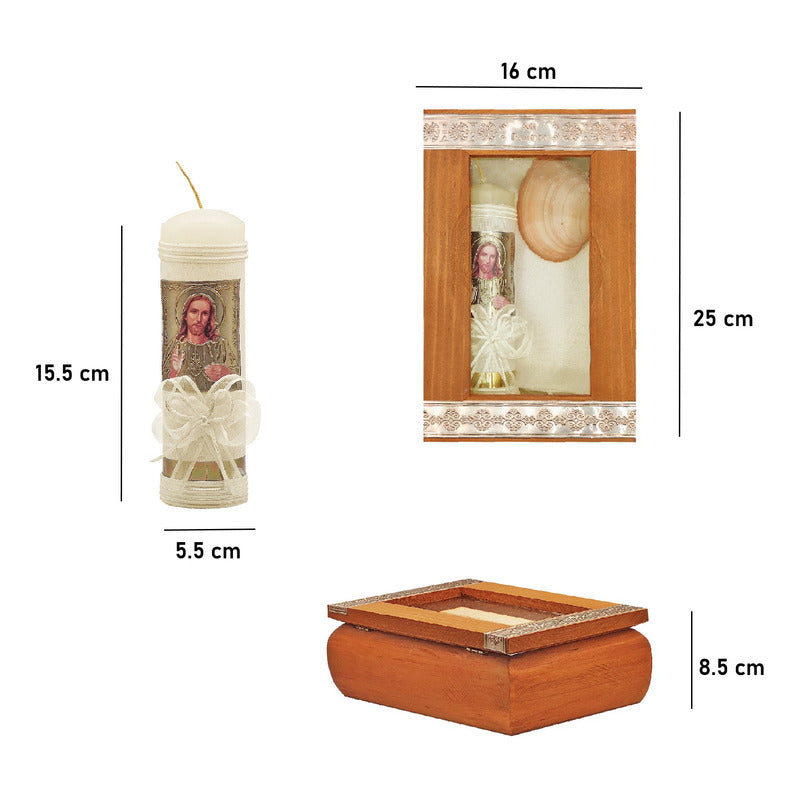 Set Para Bautizo Vela+concha+toalla+caja De Madera