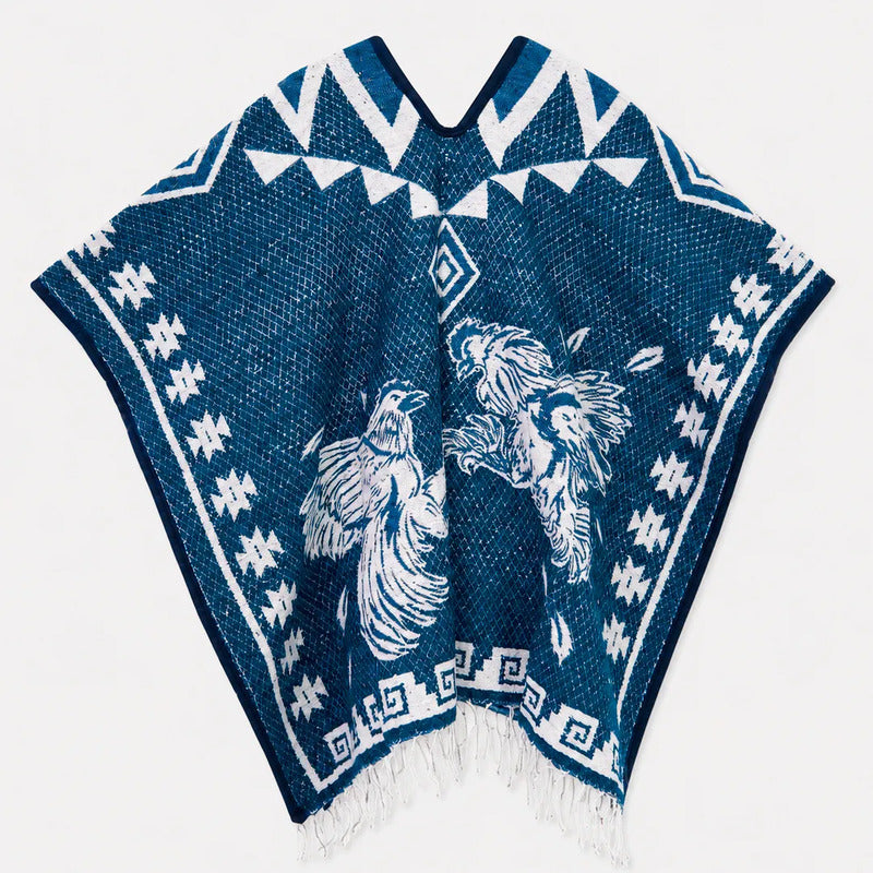 Jorongo Gaban Artesanal Mexicano Colores Azul Gallos Xg