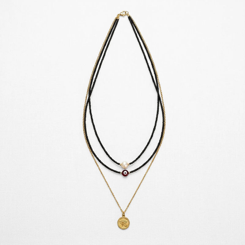 Collar Triple Dije Moneda Ojo De Horus Y Perla Para Mujer Multicolor