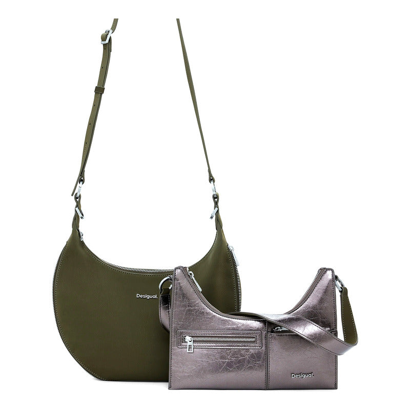 Bolso Doble Para Dama Mod. 25waxpah Marca Desigual® Verde Musgo/ Níquel Lisa Níquel Verde Musgo