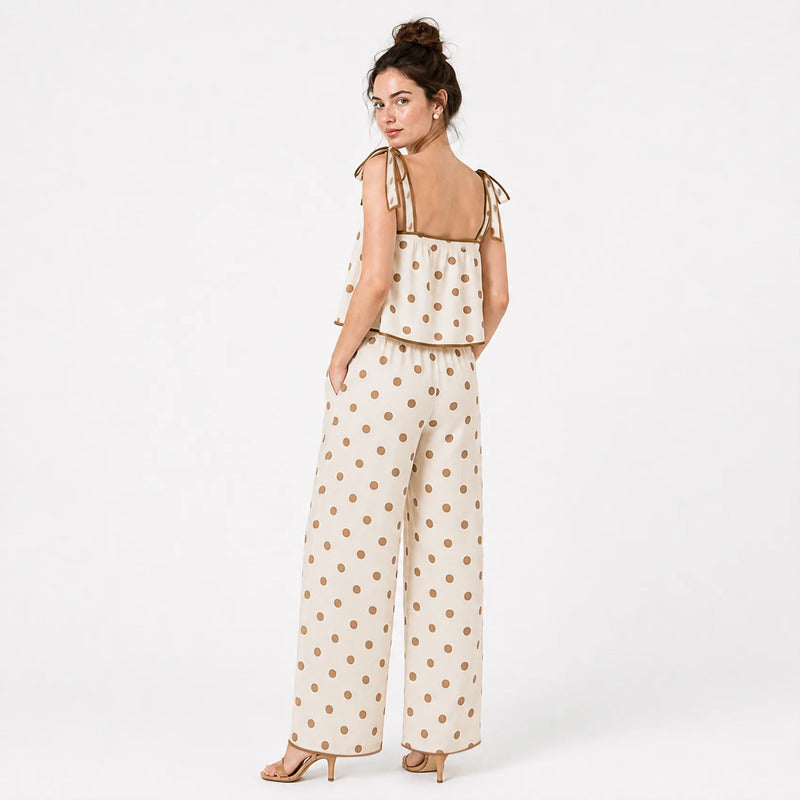 Conjunto Para Mujer Pantalón Palazzo+crop Top Marca Exotica® Beige Lunares G