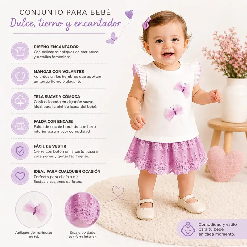 Conjunto Falda Tul + Playera Para Bebé Marca Mayoral® Blanco-lavanda 9-12 M