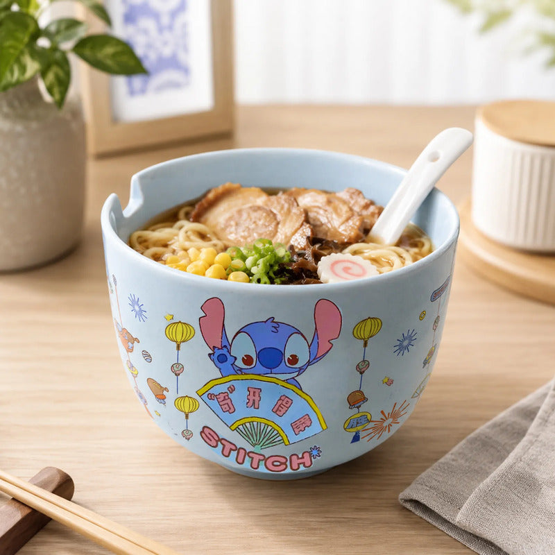 Tazón Ramen De Cerámica + Cubiertos Stitch 600ml Fun Kids® Azul Claro